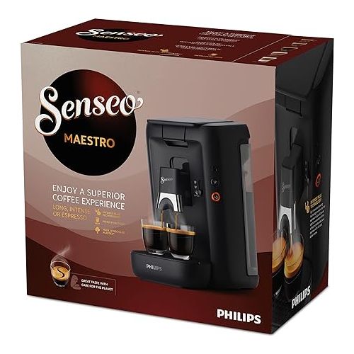  Philips Senseo Maestro Coffee Pod Machine with Coffee Strength Selection and Memo Function, 1.2 Litre Water Container, Green Product, Colour: Black (CSA260/60)