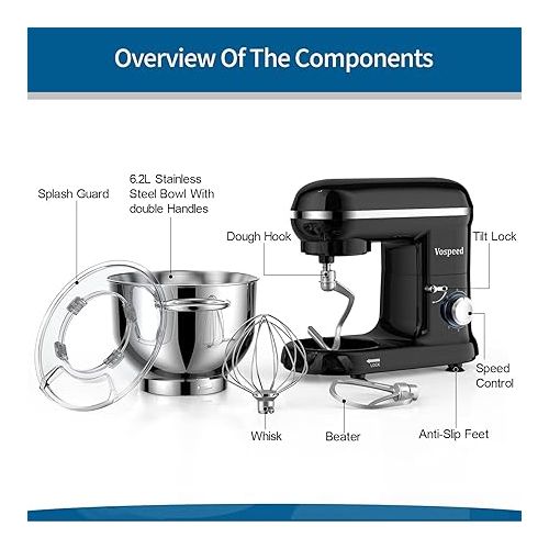  Vospeed Food Processor Kneading Machine for Baking, 1500 W 10 Speed Electric Kitchen Mixer with 6QT Bowl, Whisk, Hook, Egg Separator (Black)