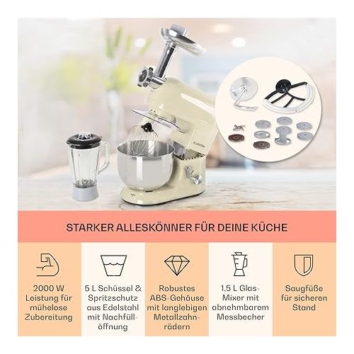  Klarstein Kneading Machine Food Processor with Meat Grinder, 2000 W Small Dough Machine, 6 Levels, Whisk Mixing & Dough Hook, Planetary Mixer, Mixing Machine with Mixer, Food Processors with 5 L Bowl