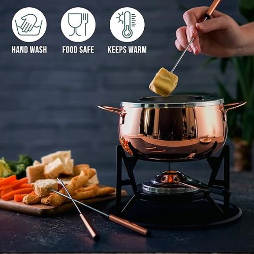  Oak & Steel - 10-Piece Premium Stainless Steel Fondue for 6 People, Rose Gold/Copper - Chocolate, Cheese, Meat - Robust & Chic - Gift Set for Valentine's Day/Birthday/Anniversary