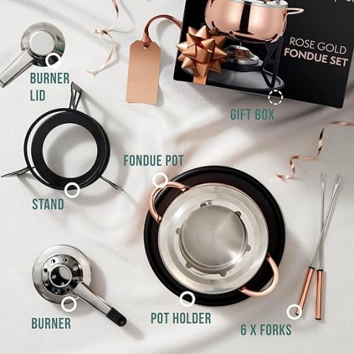  Oak & Steel - 10-Piece Premium Stainless Steel Fondue for 6 People, Rose Gold/Copper - Chocolate, Cheese, Meat - Robust & Chic - Gift Set for Valentine's Day/Birthday/Anniversary
