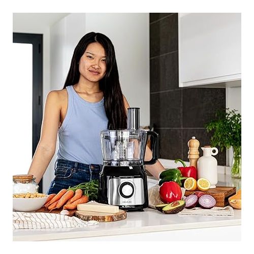  Cecotec Food Processor Comino 1000. 1000 W, 2 Geschwindigkeiten und Pulse, 2-L-Schussel und 1,8-L-Krug, 3 Schneidscheiben, Hackmesser, Knetmesser, Entsafter und Cremedisk