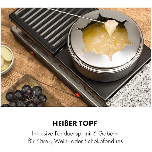  Klarstein Fonduelette XL - 3-in-1 Raclette Grill & Fondue, 1650 Watt, 3-in-1 Grill: Metal / Natural Stone / Crepe Plate, 3 Separate Stainless Steel Heating Elements, Up to 12 People, Non-Stick Coating