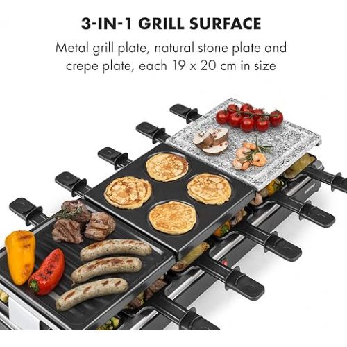  Klarstein Fonduelette XL - 3-in-1 Raclette Grill & Fondue, 1650 Watt, 3-in-1 Grill: Metal / Natural Stone / Crepe Plate, 3 Separate Stainless Steel Heating Elements, Up to 12 People, Non-Stick Coating
