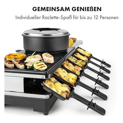  Klarstein Fonduelette XL - 3-in-1 Raclette Grill & Fondue, 1650 Watt, 3-in-1 Grill: Metal / Natural Stone / Crepe Plate, 3 Separate Stainless Steel Heating Elements, Up to 12 People, Non-Stick Coating