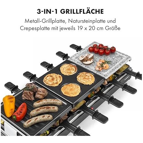  Klarstein Fonduelette XL - 3-in-1 Raclette Grill & Fondue, 1650 Watt, 3-in-1 Grill: Metal / Natural Stone / Crepe Plate, 3 Separate Stainless Steel Heating Elements, Up to 12 People, Non-Stick Coating