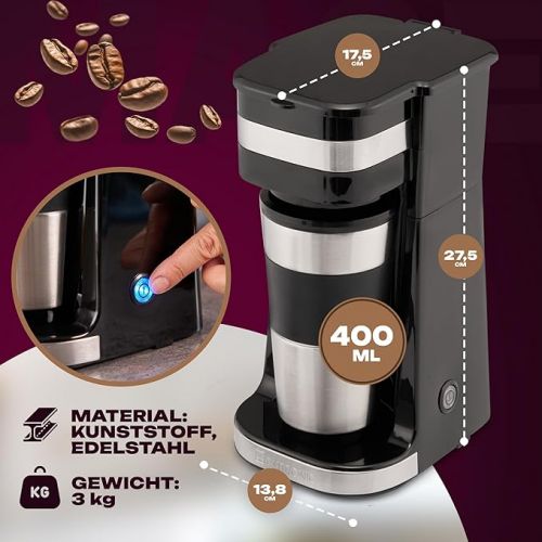  Clatronic KA 3733 1 Cup Coffee Machine Including Double-Walled Thermal Stainless Steel Mug, Aroma Closure Lid with Drinking Opening, 400 ml Capacity, Suitable for All Standard Cup Holders