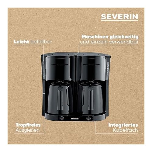  SEVERIN KA 9315 Duo Filter Coffee Machine with Thermal Jug, Coffee Machine for up to 16 Cups, Attractive Filter Machine with 2 Insulated Jugs, Black