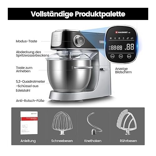  Hauswirt Food Processor 5 L, Kneading Machine with 11 Speed Levels, LED Touch Screen Dough Machine, Stainless Steel Mixing Machine, Planetary Mixing System, Low Noise, 3 Mixing Attachments, Black