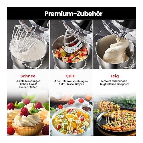  Hauswirt Food Processor 5 L, Kneading Machine with 11 Speed Levels, LED Touch Screen Dough Machine, Stainless Steel Mixing Machine, Planetary Mixing System, Low Noise, 3 Mixing Attachments, Black