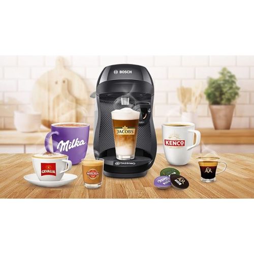  Bosch Tassimo Happy Capsule Machine TAS1002N, Coffee Machine by Bosch, Over 70 Drinks, Fully Automatic, Suitable for All Cups, Space-Saving, 1400 W, Black/Anthracite
