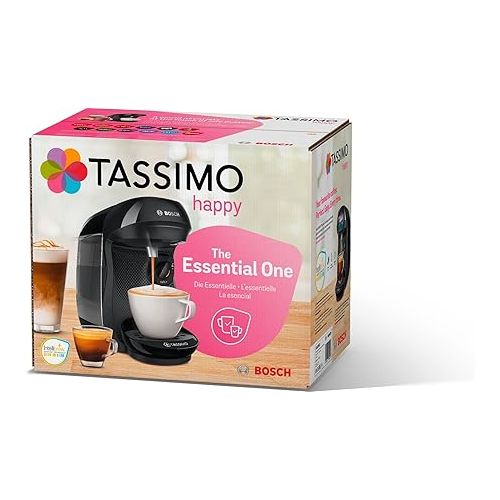  Bosch Tassimo Happy Capsule Machine TAS1002N, Coffee Machine by Bosch, Over 70 Drinks, Fully Automatic, Suitable for All Cups, Space-Saving, 1400 W, Black/Anthracite