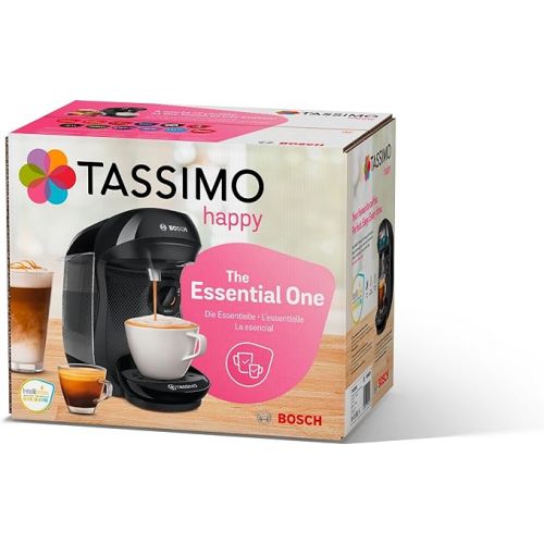  Bosch Tassimo Happy Capsule Machine TAS1002N, Coffee Machine by Bosch, Over 70 Drinks, Fully Automatic, Suitable for All Cups, Space-Saving, 1400 W, Black/Anthracite