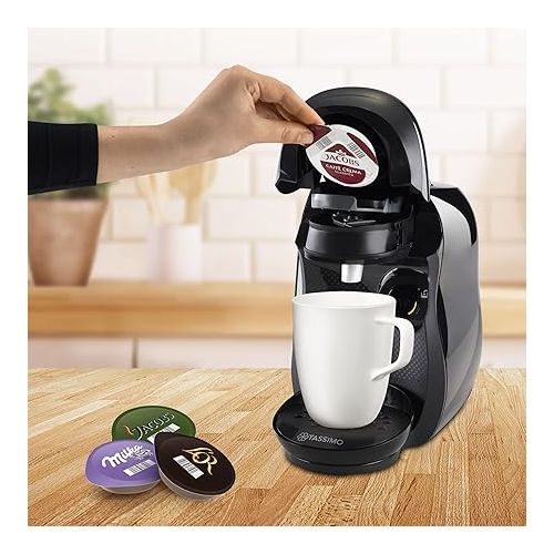  Bosch Tassimo Happy Capsule Machine TAS1002N, Coffee Machine by Bosch, Over 70 Drinks, Fully Automatic, Suitable for All Cups, Space-Saving, 1400 W, Black/Anthracite