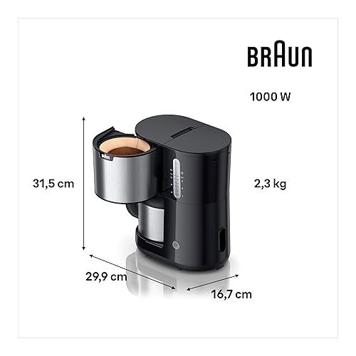  Braun PurShine KF1505 BK Filter Coffee Machine, 1.2 L Stainless Steel Thermal Jug for up to 9 Cups, OptiBrew System, Drip Stop Function, Swivel Filter Basket, Automatic Shut-Off, 1000 W, Black