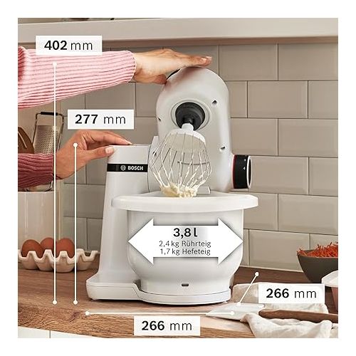  Bosch MUMS2AW00 Series 2 Food Processor 3.8 L Plastic Bowl, Planetary Mixer, 4 Levels, Dough Hook/Whisk/Whisk, Dishwasher-safe, 700 W, White
