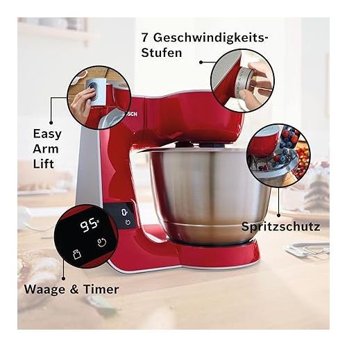  Bosch Food Processor Series 4 MUM5X720, Integrated Scale, Stainless Steel Bowl 3.9 L, Mixer 1.25 L, Professional Dough Hook, Planetary Mixer, Whisk, Continuous Shredder, 1000 W, Dark Red/Silver