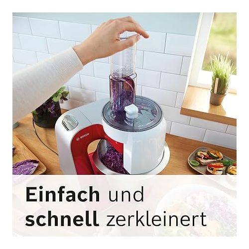  Bosch Food Processor Series 4 MUM5X720, Integrated Scale, Stainless Steel Bowl 3.9 L, Mixer 1.25 L, Professional Dough Hook, Planetary Mixer, Whisk, Continuous Shredder, 1000 W, Dark Red/Silver