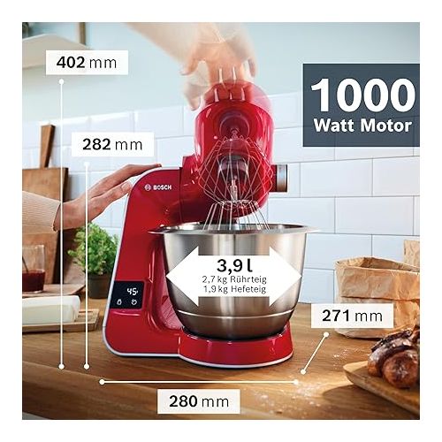  Bosch Food Processor Series 4 MUM5X720, Integrated Scale, Stainless Steel Bowl 3.9 L, Mixer 1.25 L, Professional Dough Hook, Planetary Mixer, Whisk, Continuous Shredder, 1000 W, Dark Red/Silver