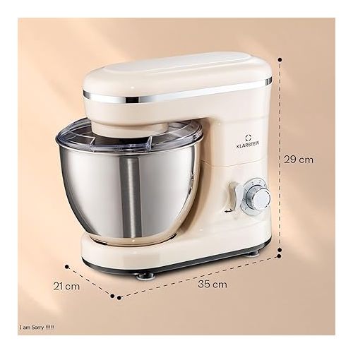  Klarstein Bella Food Processor - Kneading and Mixing Machine with 6 Speed Levels, Stainless Steel, Pulse Function, Planetary Mixing System, 3 Mixing Attachments, 1,200W Power, Cream