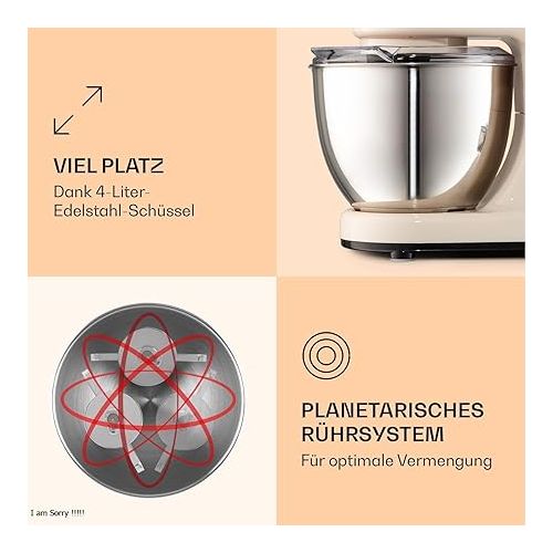  Klarstein Bella Food Processor - Kneading and Mixing Machine with 6 Speed Levels, Stainless Steel, Pulse Function, Planetary Mixing System, 3 Mixing Attachments, 1,200W Power, Cream