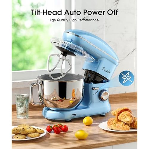  Facelle Food Processor, Kneading Machine, 1500 W, Dough Machine, Mixing Machine with 6.2 L Stainless Steel Bowl, 6 Speeds, Low-Noise Dough Kneading Machine Including Whisk, Dough Hook, Beater and