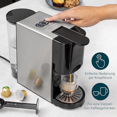  PRINCESS Multicapsel Coffee Machine 4-in-1 - 1450 Watt, Capsule, Pads, Ground Coffee, BPA-Free, 249450, 01.249450.01.001, 800 ml, Black, Silver