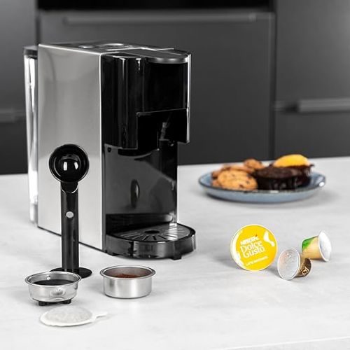  PRINCESS Multicapsel Coffee Machine 4-in-1 - 1450 Watt, Capsule, Pads, Ground Coffee, BPA-Free, 249450, 01.249450.01.001, 800 ml, Black, Silver