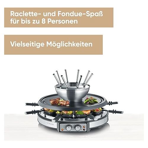  SEVERIN Raclette-Fondue-Kombination, 1900 W, Raclette fur 8 Personen mit Grillstein, 2-in-1-Kombination aus Raclette und Fondue mit 8 Pfannchen, Schabern und Fondue-Gabeln, RG 2348