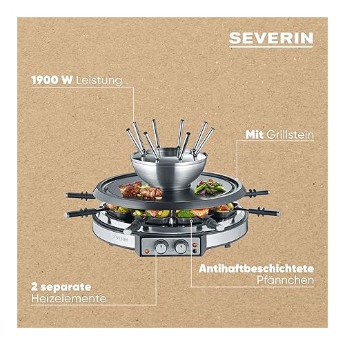  SEVERIN Raclette-Fondue-Kombination, 1900 W, Raclette fur 8 Personen mit Grillstein, 2-in-1-Kombination aus Raclette und Fondue mit 8 Pfannchen, Schabern und Fondue-Gabeln, RG 2348