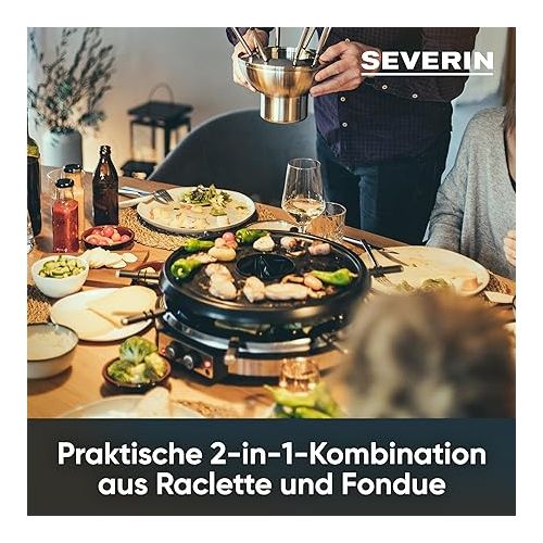  SEVERIN Raclette-Fondue-Kombination, 1900 W, Raclette fur 8 Personen mit Grillstein, 2-in-1-Kombination aus Raclette und Fondue mit 8 Pfannchen, Schabern und Fondue-Gabeln, RG 2348