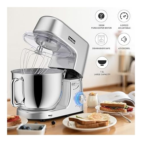  Homlee Food Processor, with Kneading and Stirring Function, Powerful 1800 W Food Processor with Large 7.2 Litre Stainless Steel Bowls Including Mixing Attachment, Dough Hook and Whisk, Spray Shovel