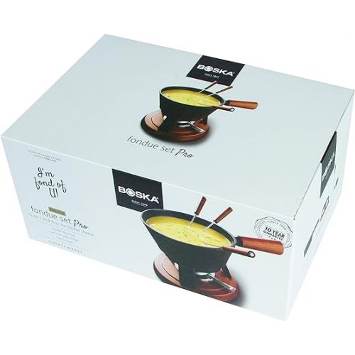  Boska Fondue Set Pro - 4 Personen - Kasefondue Teelichter mit Stil - 1,2 L Inhalt fur 875 gr Geschmolzenen Kase [ink. Fonduegabeln] [Stabile, Eichenholz und Edelstahl]