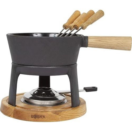  Boska Fondue Set Pro - 4 Personen - Kasefondue Teelichter mit Stil - 1,2 L Inhalt fur 875 gr Geschmolzenen Kase [ink. Fonduegabeln] [Stabile, Eichenholz und Edelstahl]