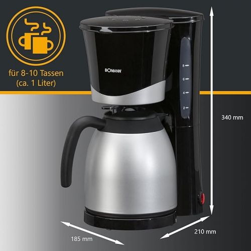  Bomann Coffee Machine for 8-10 Cups Filter Coffee Machine with Thermal Jug Drip Stop and Auto Shut-Off Filter Insert Removable Water Level Indicator 1 Litre KA 168 CB Black