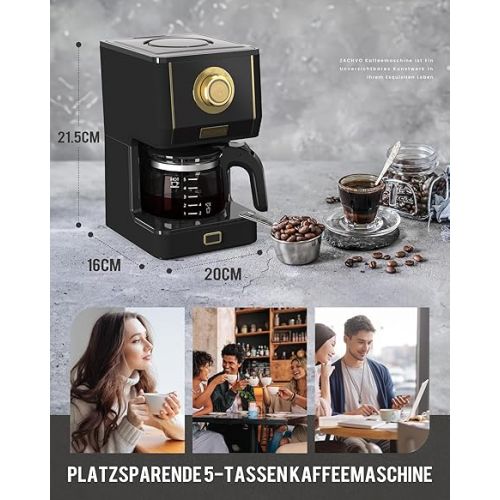  ZACHVO Filter Coffee Machine, Coffee Machine, Filter Machine, 5 Cups, 650 ml Coffee Machine with Glass Jug, Removable Filter, Drip Stop, Automatic Shut-Off, 30 Minutes Warming Function, 3 Brewing