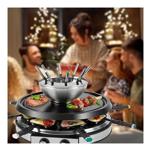  ProfiCook Raclette Fondue Combination for 8 People, 2-in-1 Electric Table Grill Set Including Spatula, Pans, Forks, Natural Stone, Cheese Fondue and Chocolate Fondue, RG/FD 1245, 501245, Stainless