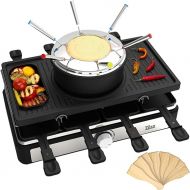 Raclette Grill with Fondue Set, Raclette Device, 8 People, Table Grill, Party Grill, Electric Grill, Raclette Grill, Solid Natural Stone and Coated Grill Plate, Heating Element Made of Stainless Steel