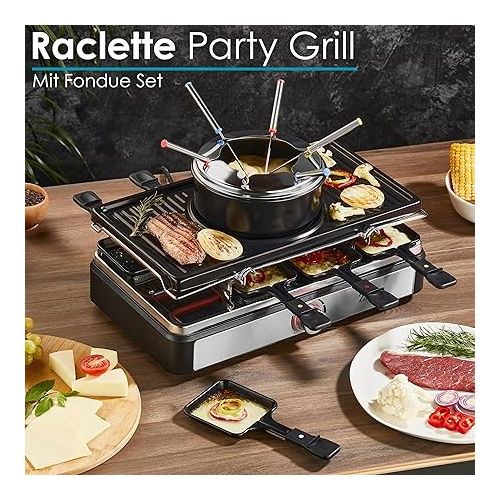  Raclette Grill with Fondue Set, Raclette Device, 8 People, Table Grill, Party Grill, Electric Grill, Raclette Grill, Solid Natural Stone and Coated Grill Plate, Heating Element Made of Stainless Steel