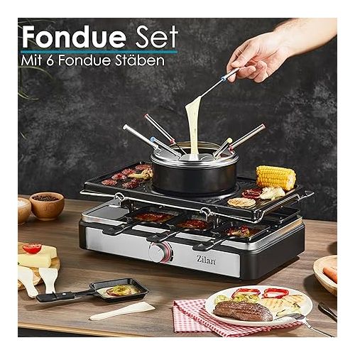  Raclette Grill with Fondue Set, Raclette Device, 8 People, Table Grill, Party Grill, Electric Grill, Raclette Grill, Solid Natural Stone and Coated Grill Plate, Heating Element Made of Stainless Steel