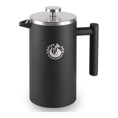  Coffee Fox French press, coffee pot, made of double-walled stainless steel, black, coffee press jug.