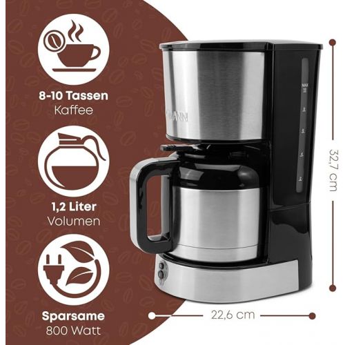  Bomann® Coffee machine with thermos flask for 8-10 cups of coffee (approx. 1.2 litres), filter coffee machine, stainless steel, double-walled thermos flask, no temperature loss, coffee machine 800 W,
