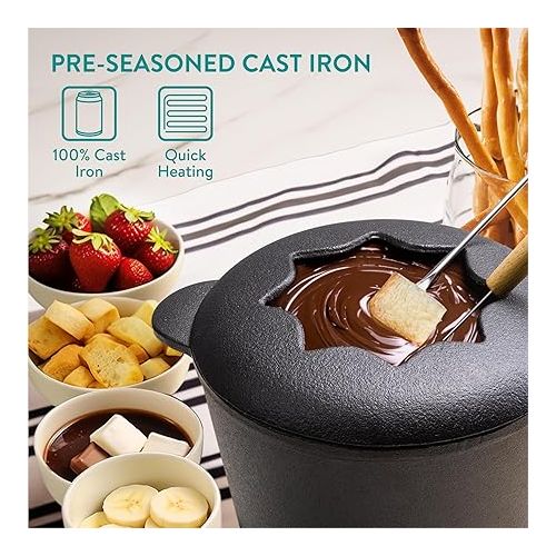  Navaris Cast Iron Fondue Set - Cheese Fondue Set for 6 People - Fondue Set for Cheese Meat or Chocolate - Cheese Fondue Pot Made of Cast Iron