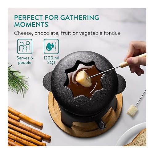  Navaris Cast Iron Fondue Set - Cheese Fondue Set for 6 People - Fondue Set for Cheese Meat or Chocolate - Cheese Fondue Pot Made of Cast Iron