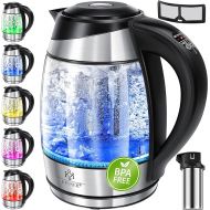 Kesser 1.8 L Stainless Steel Glass Kettle Including Tea strainer insert and limescale filter, Water kettle with LED lighting colour depending on temperature selection, 60, 70, 80, 90, 100 °C, Warming function
