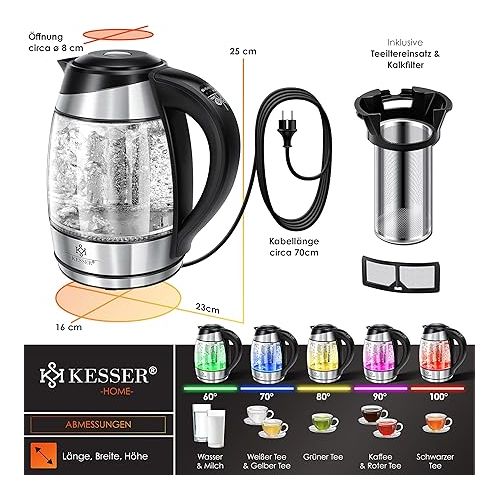  Kesser 1.8 L Stainless Steel Glass Kettle Including Tea strainer insert and limescale filter, Water kettle with LED lighting colour depending on temperature selection, 60, 70, 80, 90, 100 °C, Warming function