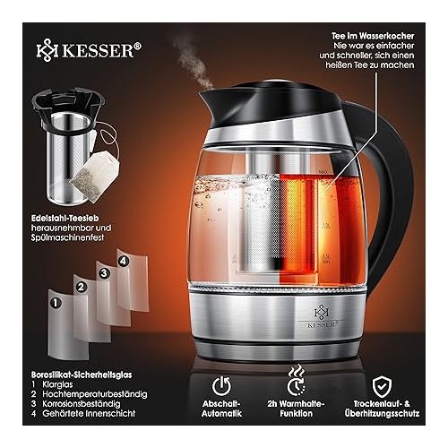  Kesser 1.8 L Stainless Steel Glass Kettle Including Tea strainer insert and limescale filter, Water kettle with LED lighting colour depending on temperature selection, 60, 70, 80, 90, 100 °C, Warming function
