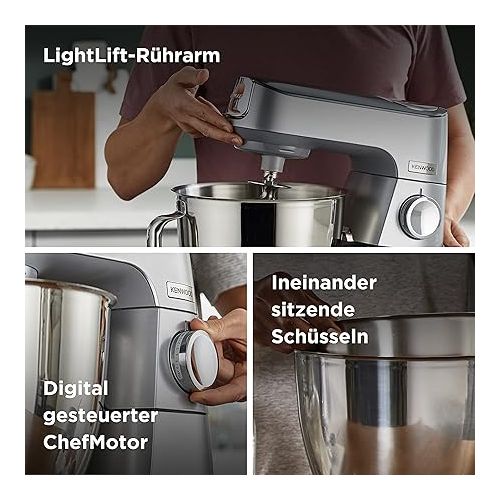  Kenwood Titanium Chef Baker KVC85.004SI Food Processor with Integrated Scale, Includes 3-Piece Patisserie Set, 5 L and 3.5 L Mixing Bowl, Continuous Speed Control, 1200 W, Silver