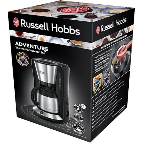  Russell Hobbs Adventure Coffee Machine [Shower Head for Optimal Extraction and Aroma] (Max 8 Cups, 1.0 L Thermal Jug, Automatic Shut-Off, Drip Stop, 1100 W) Filter Coffee Machine 24020-56, Black