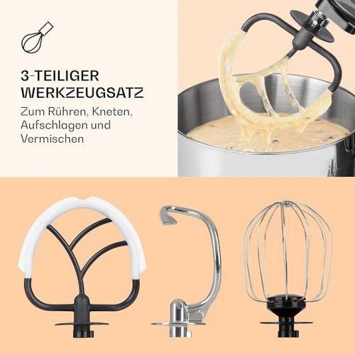  Klarstein Bella Food Processor - Kneading and Mixing Machine with 6 Speed Levels, Stainless Steel, Pulse Function, Planetary Mixing System, 3 Mixing Attachments, 1,300W, Cream